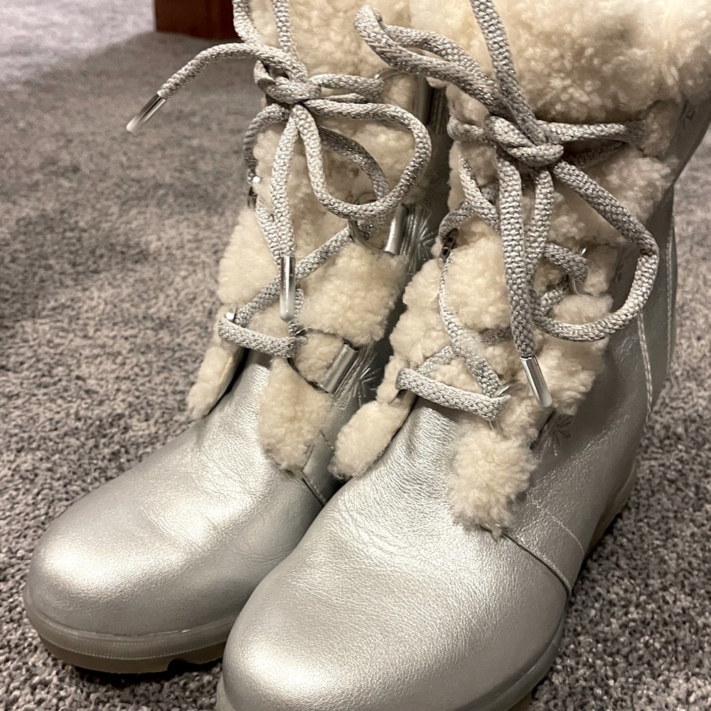 Sorel wedge booties; silver, shearling, and excellent condition